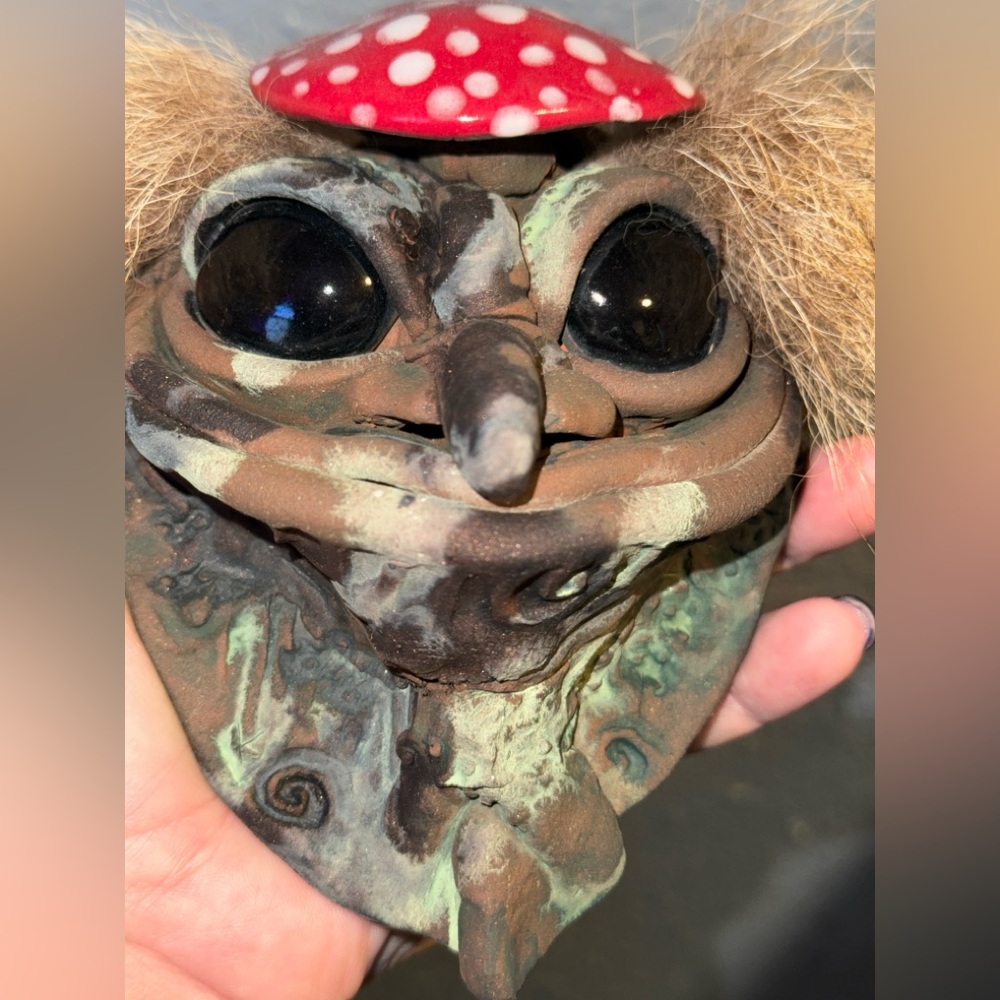 Whimsical Amanita Mushroom Creature Figurine With Hair Forest Dweller - Picture 4 of 9